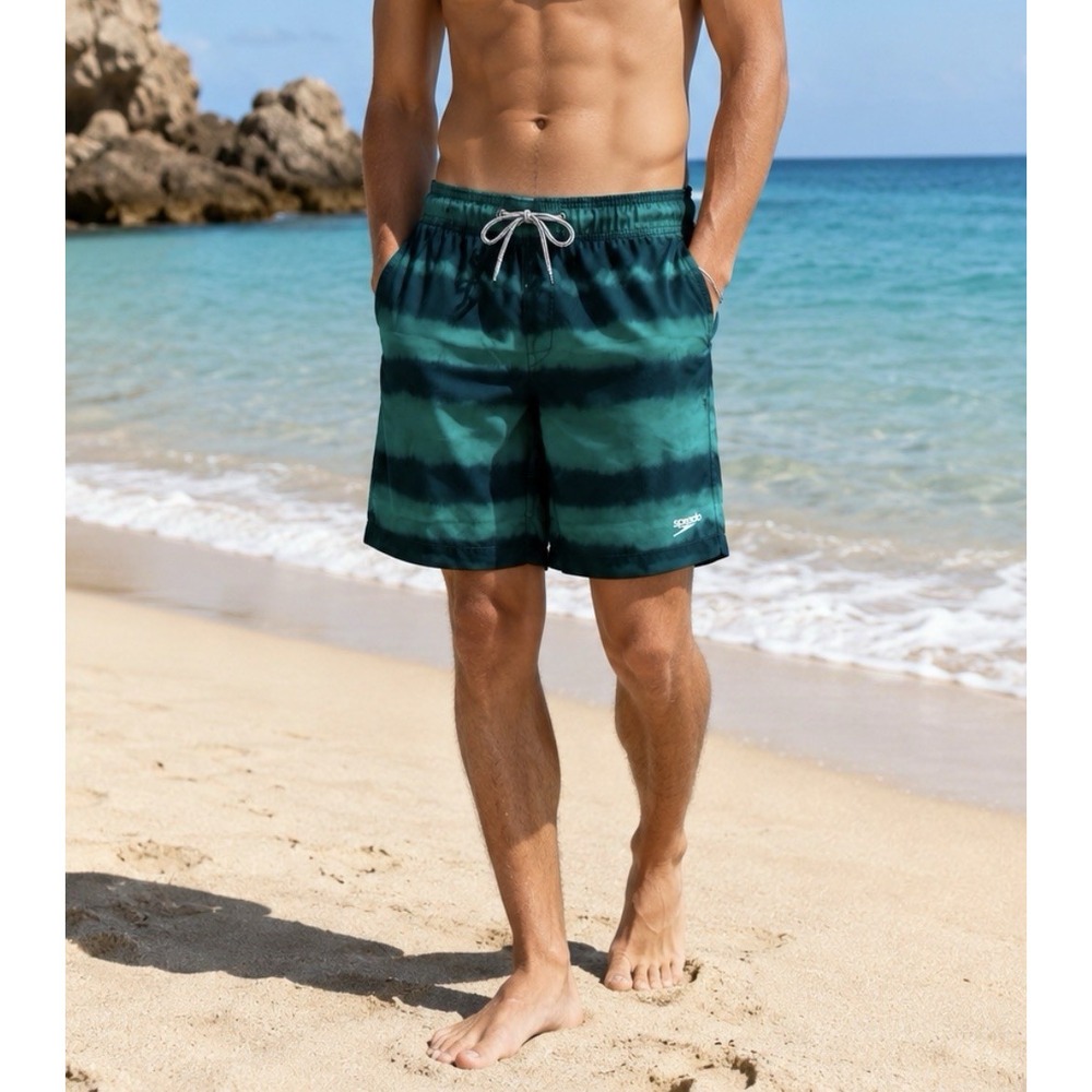 Speedo 16'' Striped Swim Shorts Men's M | Green Striped Swimming Trunks UPF 50+ - Picture 2 of 10